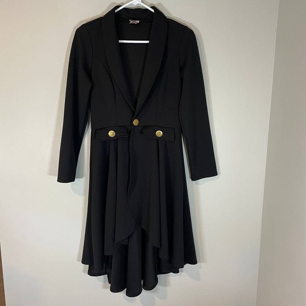 VTG Vamp Black High-Low Victorian Steampunk Jacket Gold Buttons Size M Gothic